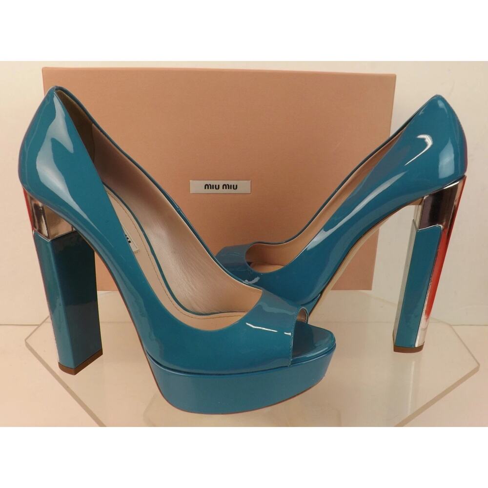 NIB MIU MIU PRADA 5KP267 LIGH BLUE PATENT LEATHER OPEN TOE SILVER HEEL PUMPS 39 - Picture 3 of 10